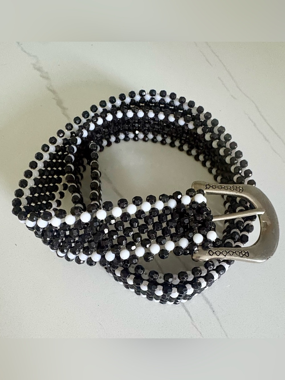 Vintage Black White Beaded Western Belt Woven Boho Statement 44” Adjustable 1.5”